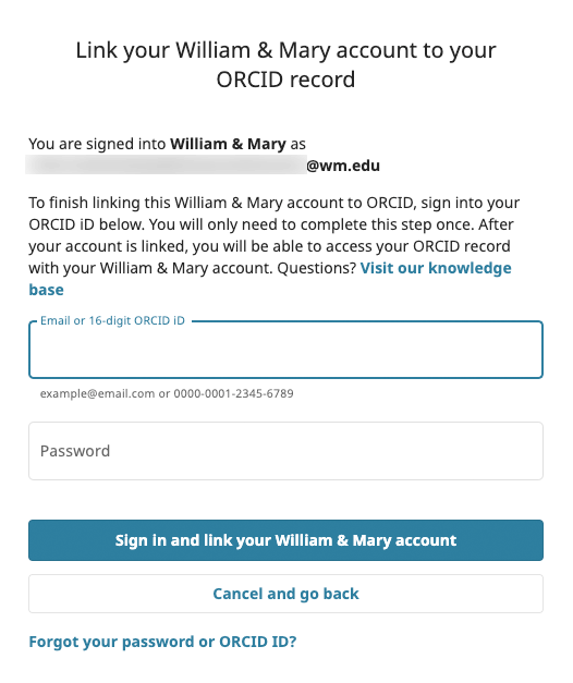 View of the form to sign in with an existing ORCID iD